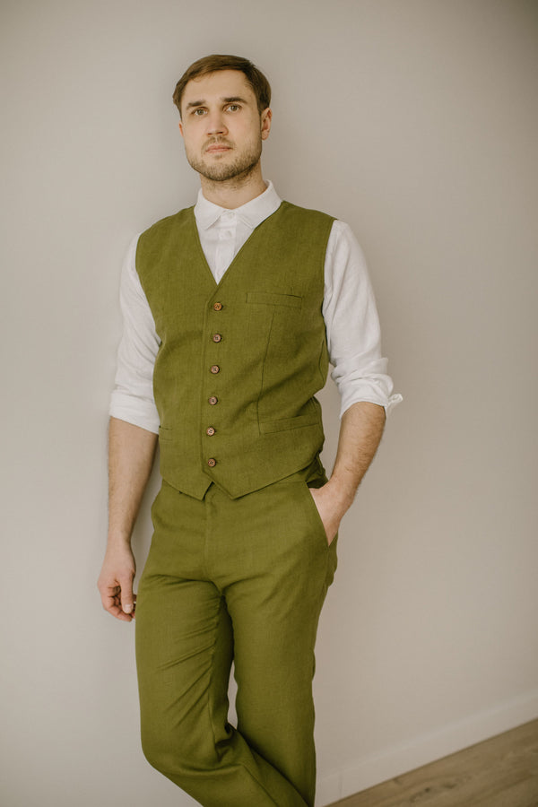 Linen Trousers, Shirt, Waistcoat Set (Set Of 3)