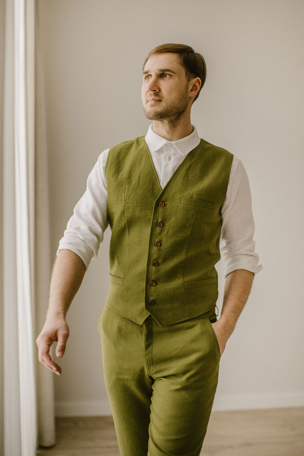 Linen Trousers, Shirt, Waistcoat Set (Set Of 3)